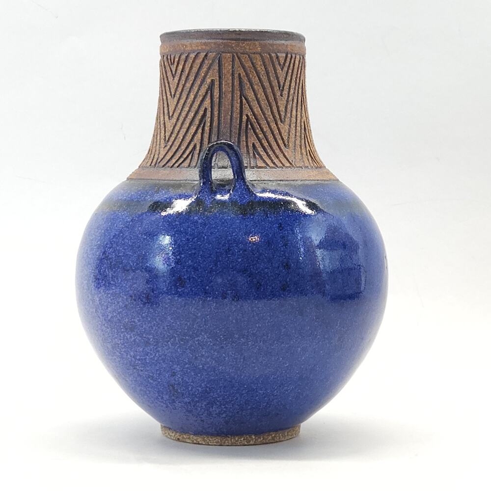 Studio Art Pottery Flower Vase Blue Folk Art Rustic Signed Chohlidakis USA 8"H - Picture 3 of 7